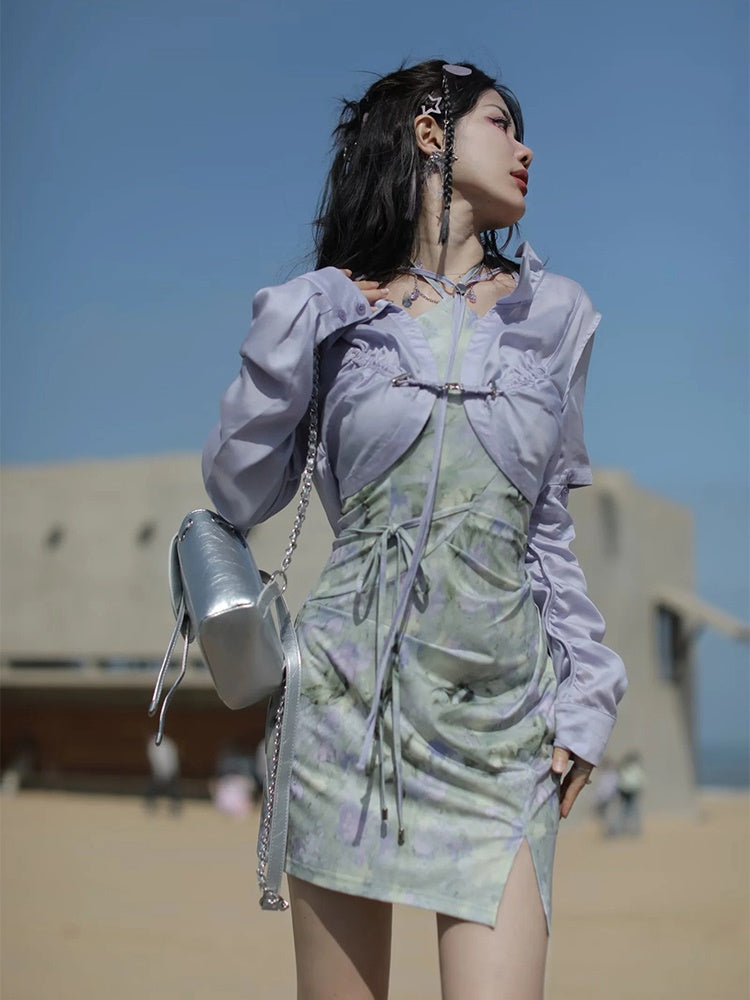 JZ NUMBLING Women's Bohemian Fairycore Pastel Dress - Flowy Lace-Up Design with Sheer Layers and Ruffled Hem