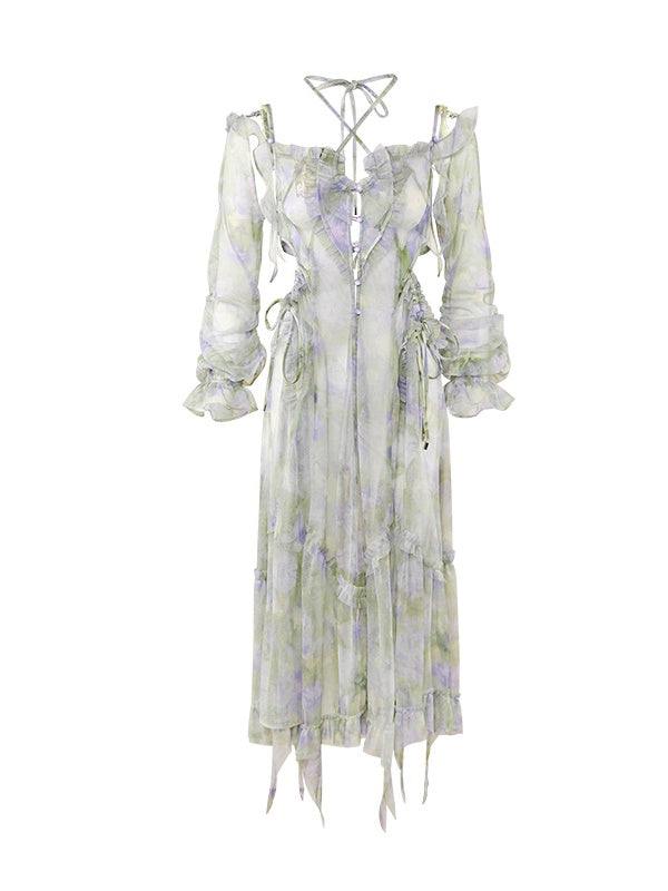 JZ NUMBLING Women's Bohemian Fairycore Pastel Dress - Flowy Lace-Up Design with Sheer Layers and Ruffled Hem