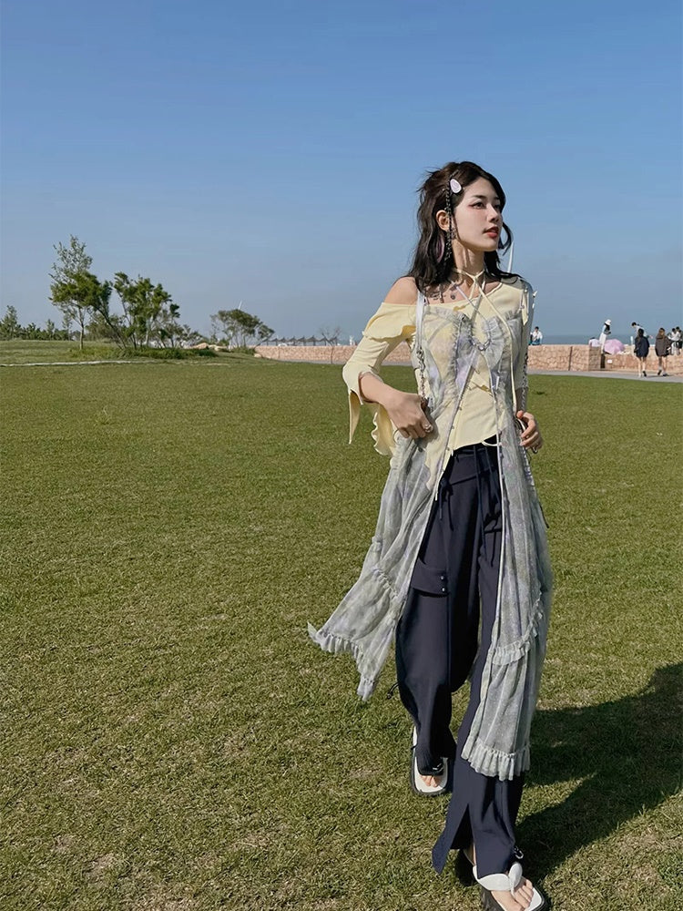 JZ NUMBLING Women's Bohemian Fairycore Pastel Dress - Flowy Lace-Up Design with Sheer Layers and Ruffled Hem