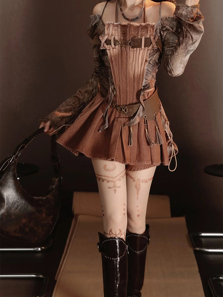 Retro Nichi Gradation Tassel One-Piece&Blouse&Belt