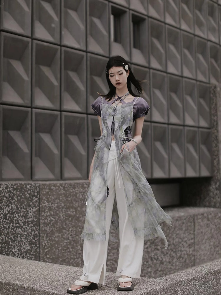 JZ NUMBLING Women's Bohemian Fairycore Pastel Dress - Flowy Lace-Up Design with Sheer Layers and Ruffled Hem
