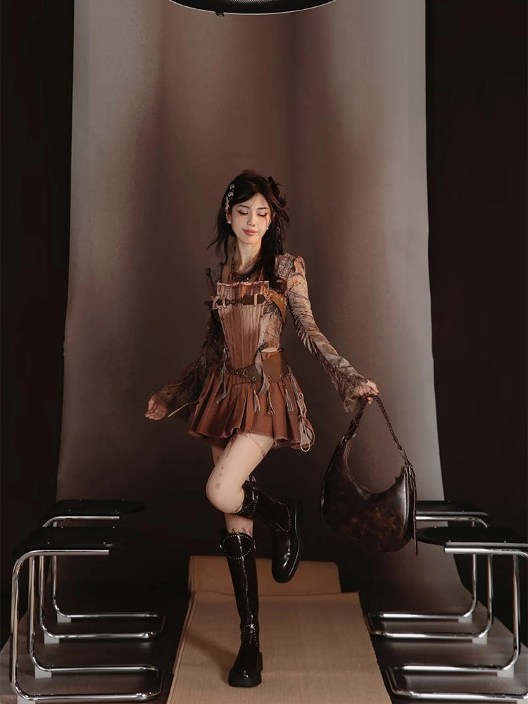 Retro Nichi Gradation Tassel One-Piece&Blouse&Belt