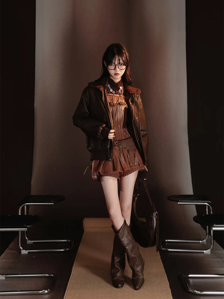 Retro Nichi Gradation Tassel One-Piece&Blouse&Belt