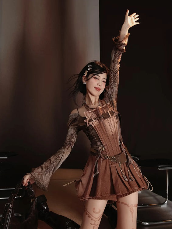 Retro Nichi Gradation Tassel One-Piece&Blouse&Belt