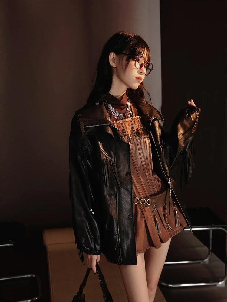 Retro Nichi Gradation Tassel One-Piece&Blouse&Belt