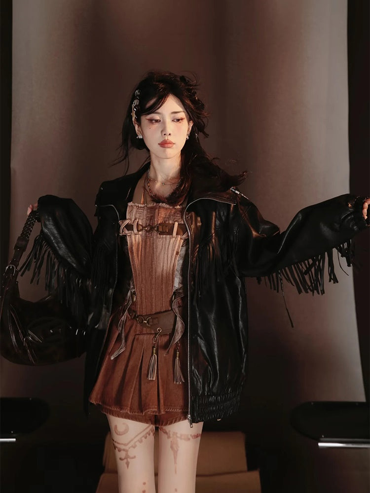Retro Nichi Gradation Tassel One-Piece&Blouse&Belt
