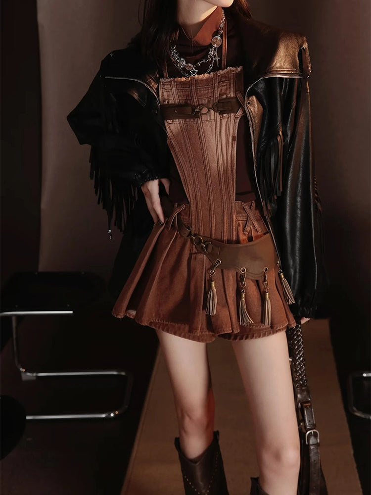 Retro Nichi Gradation Tassel One-Piece&Blouse&Belt