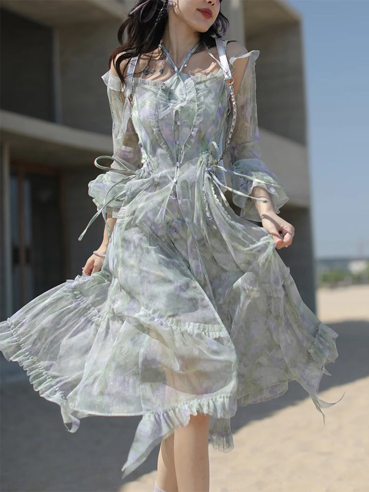 JZ NUMBLING Women's Bohemian Fairycore Pastel Dress - Flowy Lace-Up Design with Sheer Layers and Ruffled Hem