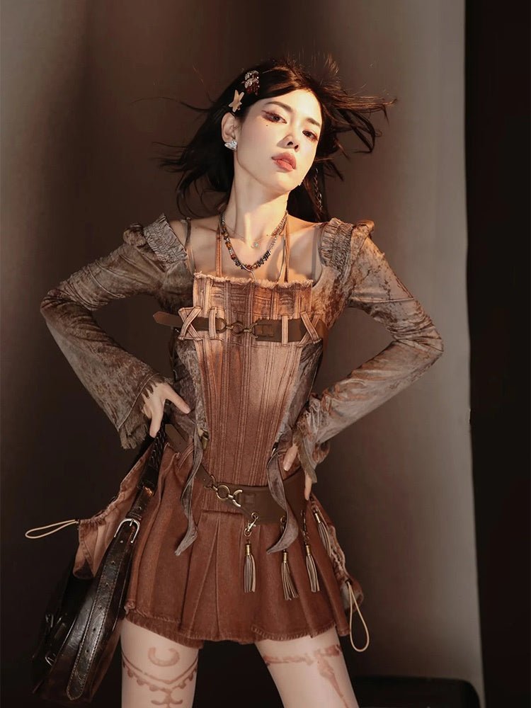 Retro Nichi Gradation Tassel One-Piece&Blouse&Belt