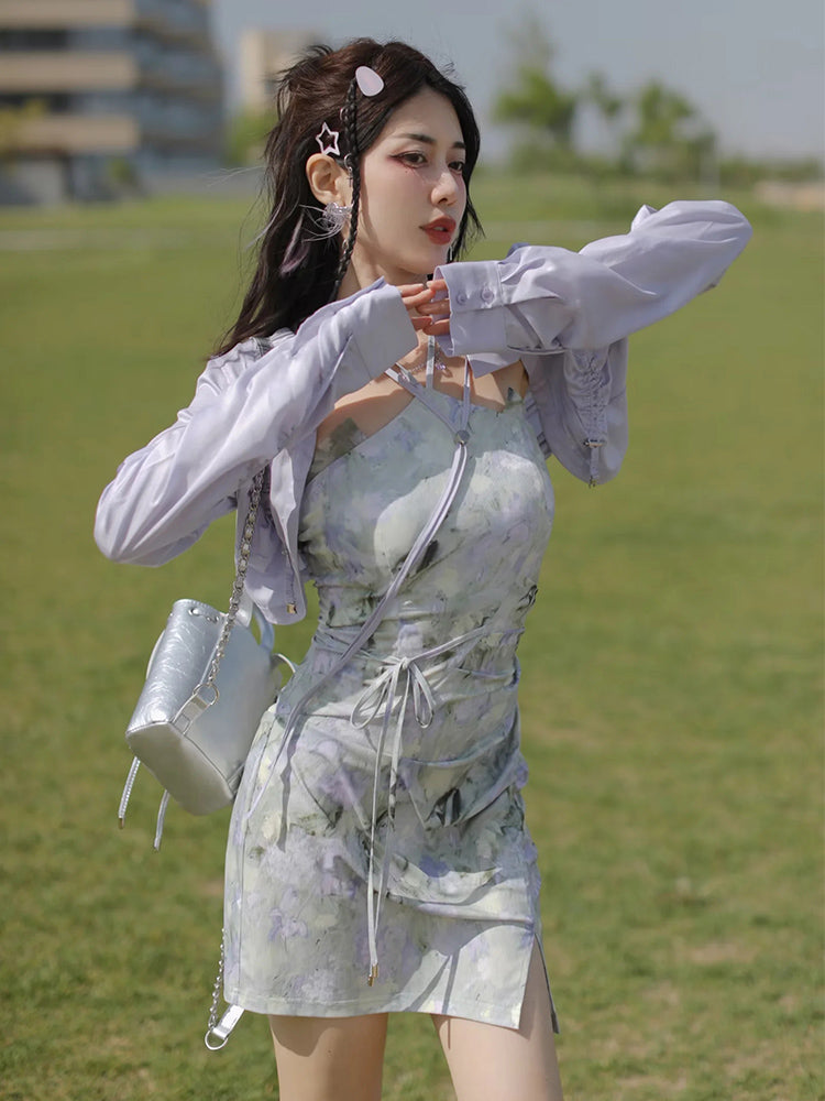 JZ NUMBLING Women's Bohemian Fairycore Pastel Dress - Flowy Lace-Up Design with Sheer Layers and Ruffled Hem