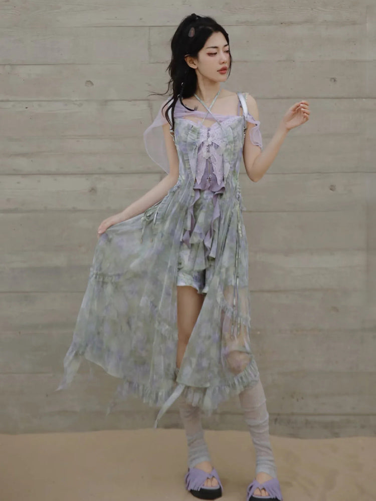 JZ NUMBLING Women's Bohemian Fairycore Pastel Dress - Flowy Lace-Up Design with Sheer Layers and Ruffled Hem
