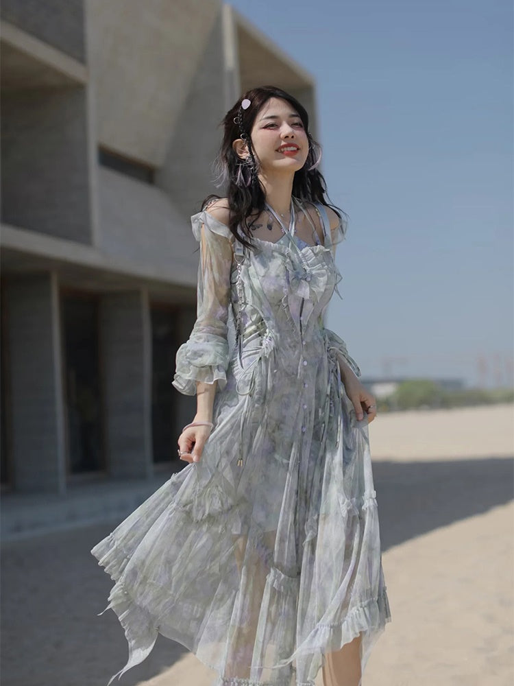 JZ NUMBLING Women's Bohemian Fairycore Pastel Dress - Flowy Lace-Up Design with Sheer Layers and Ruffled Hem