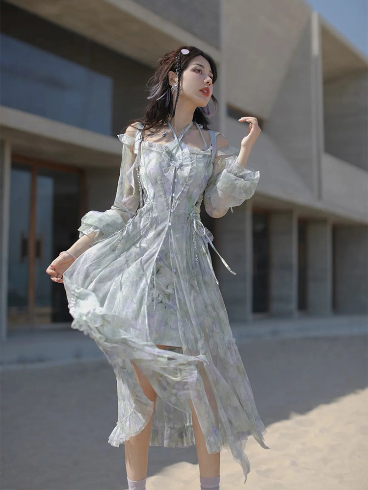 JZ NUMBLING Women's Bohemian Fairycore Pastel Dress - Flowy Lace-Up Design with Sheer Layers and Ruffled Hem