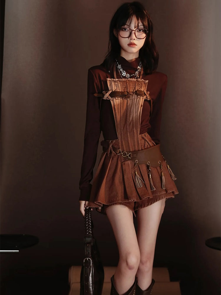 Retro Nichi Gradation Tassel One-Piece&Blouse&Belt