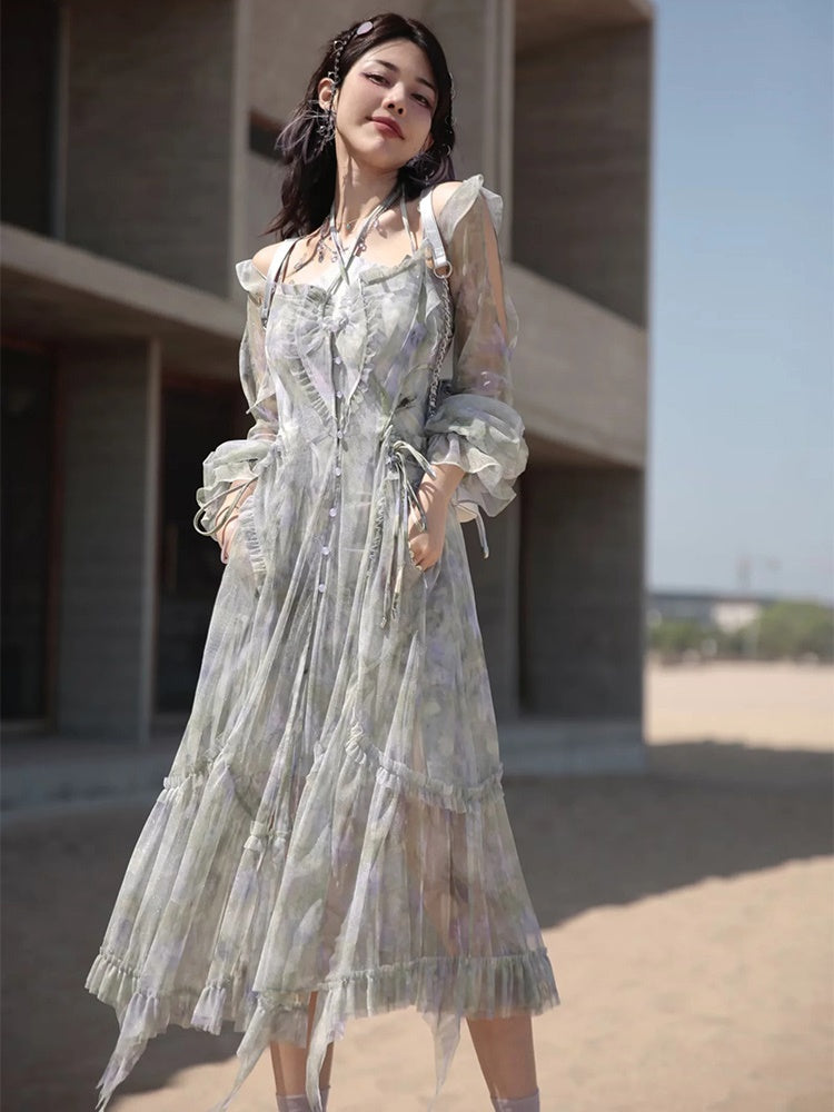 JZ NUMBLING Women's Bohemian Fairycore Pastel Dress - Flowy Lace-Up Design with Sheer Layers and Ruffled Hem