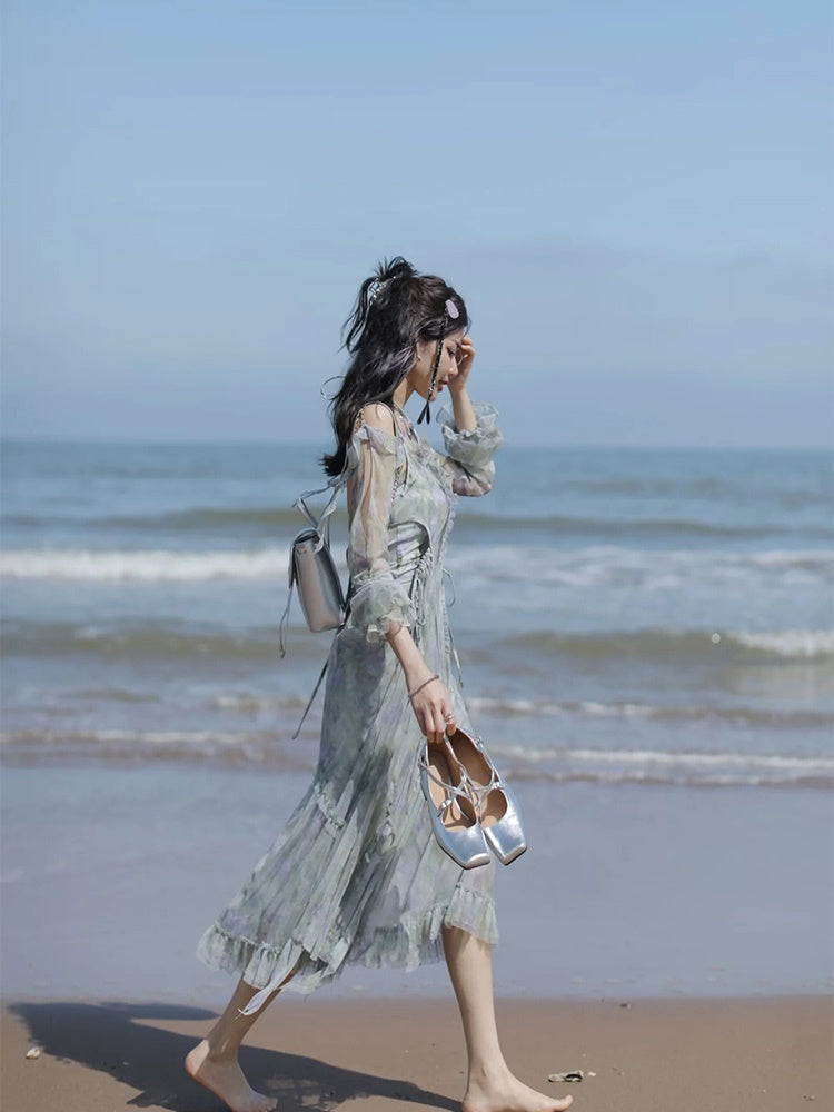 JZ NUMBLING Women's Bohemian Fairycore Pastel Dress - Flowy Lace-Up Design with Sheer Layers and Ruffled Hem