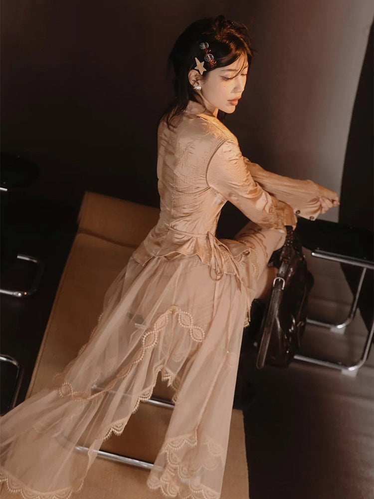 Retro Lace Glossy Chic Elegant One-Piece&Skirt