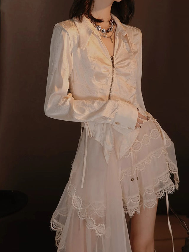 Retro Lace Glossy Chic Elegant One-Piece&Skirt