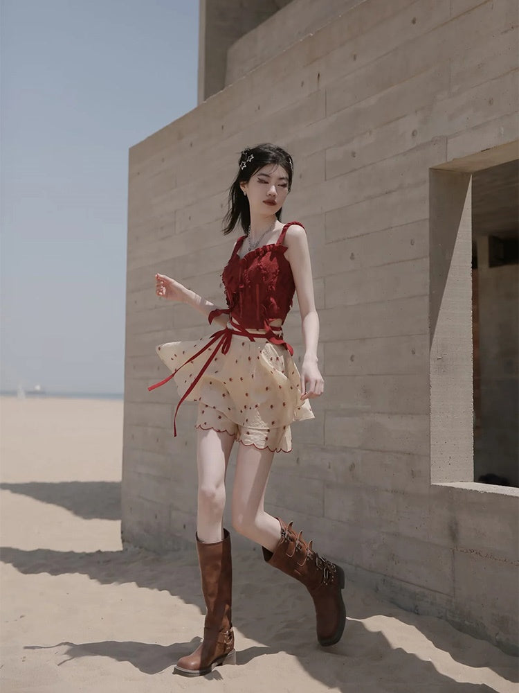 Dot Petal Cute Lace Bustier&Blouse&pants