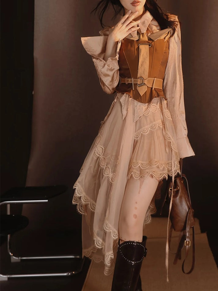 Retro Lace Glossy Chic Elegant One-Piece&Skirt
