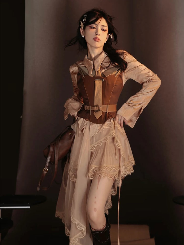Retro Lace Glossy Chic Elegant One-Piece&Skirt