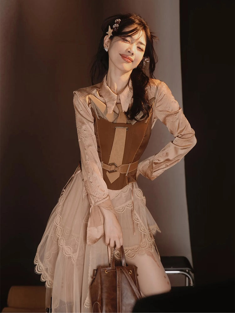 Retro Lace Glossy Chic Elegant One-Piece&Skirt