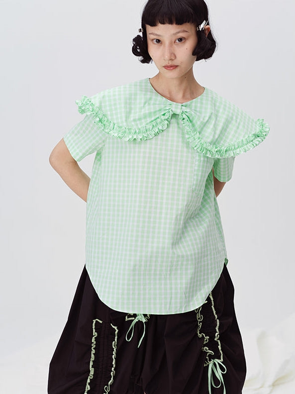 Plaid Doll Collar Short-Sleeved Shirt