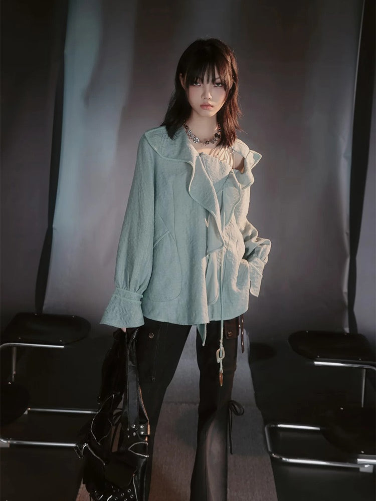Asymmetry Lace Sheer Mermaid Ruffle Blouse&2esy-Skirt