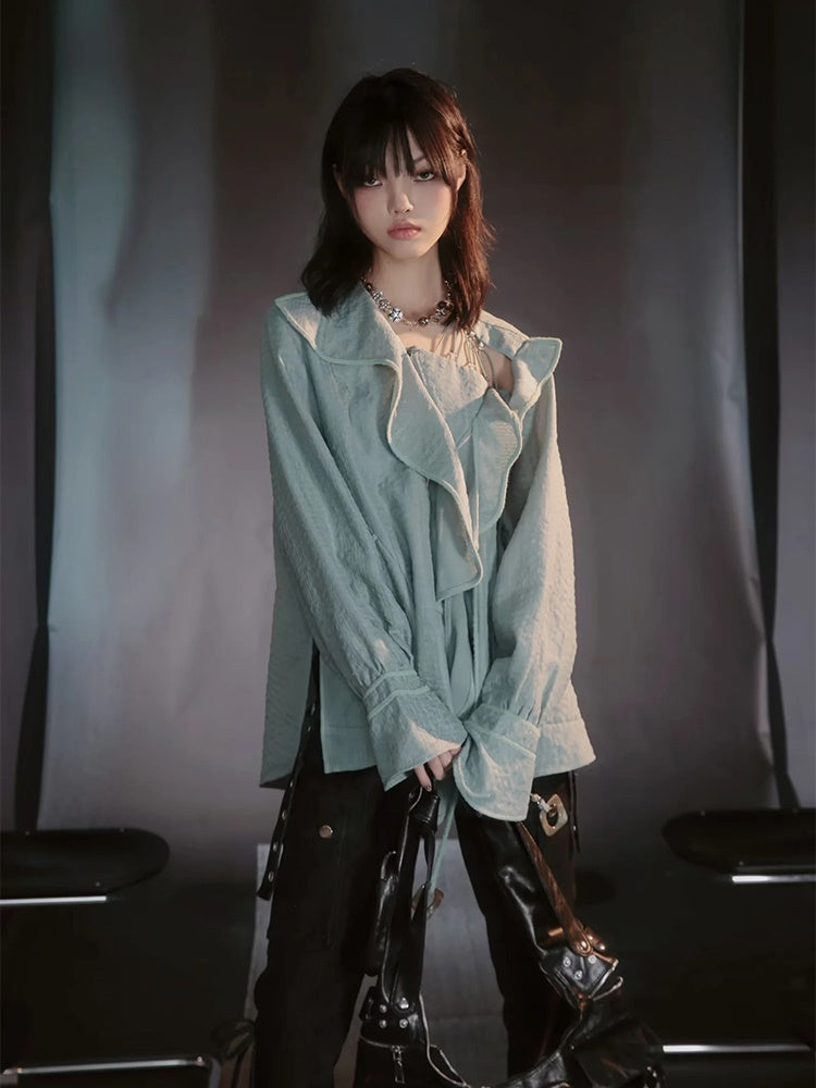 Asymmetry Lace Sheer Mermaid Ruffle Blouse&2esy-Skirt
