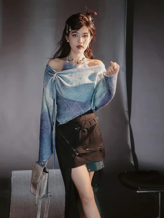 Asymmetry Lace Sheer Mermaid Ruffle Blouse&2esy-Skirt