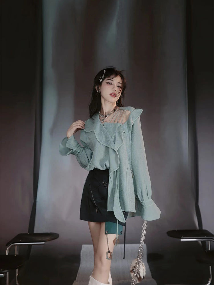 Asymmetry Lace Sheer Mermaid Ruffle Blouse&2esy-Skirt