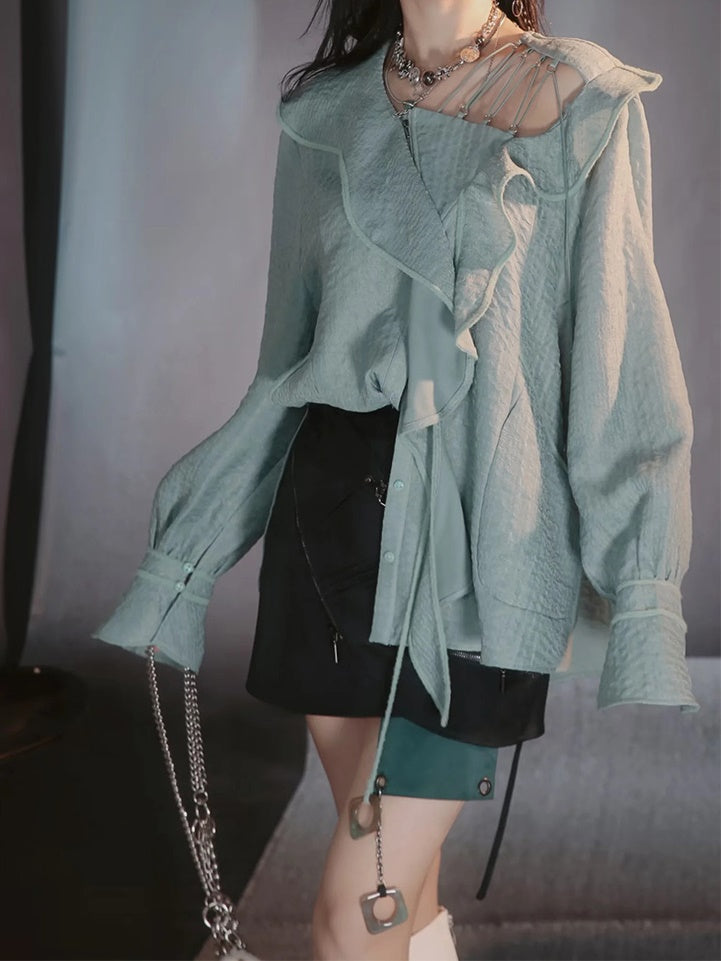 Asymmetry Lace Sheer Mermaid Ruffle Blouse&2esy-Skirt