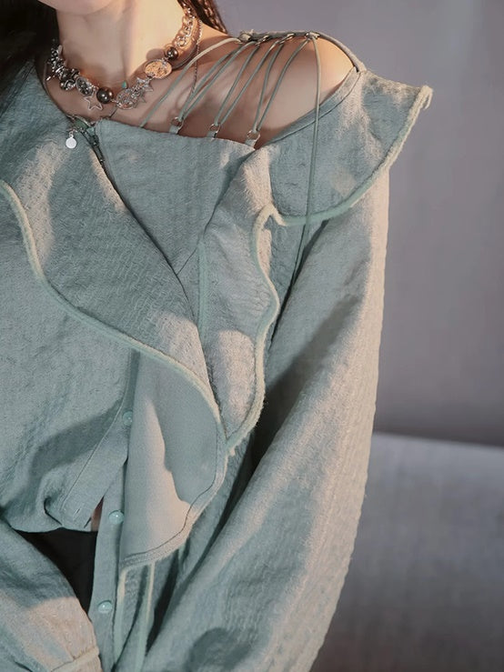 Asymmetry Lace Sheer Mermaid Ruffle Blouse&2esy-Skirt