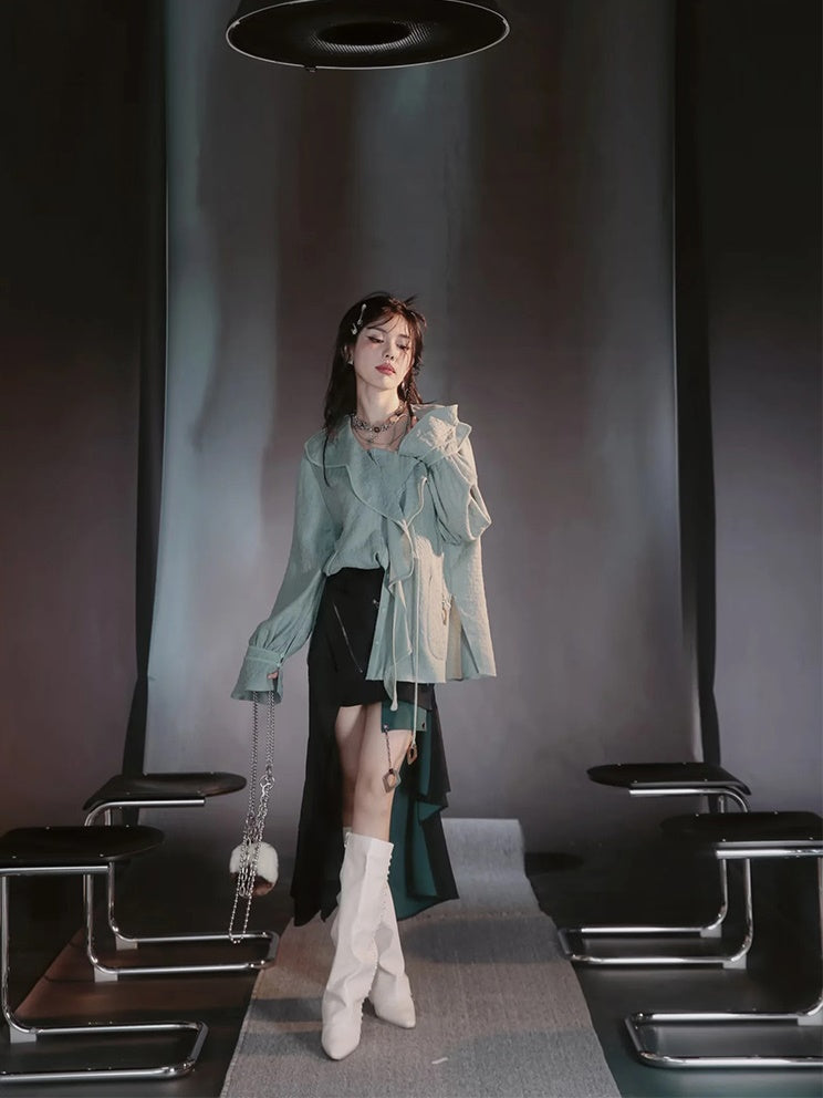 Asymmetry Lace Sheer Mermaid Ruffle Blouse&2esy-Skirt