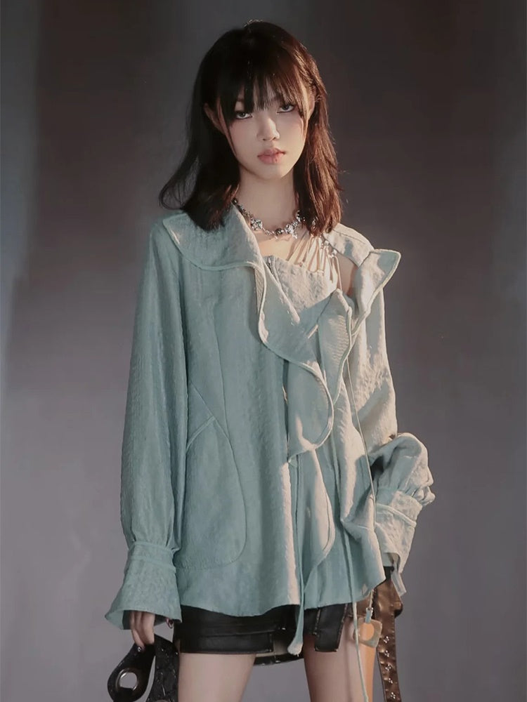 Asymmetry Lace Sheer Mermaid Ruffle Blouse&2esy-Skirt