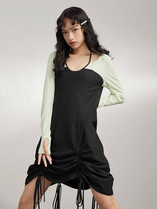 Ruched Long Sleeve Fake Two Piece Dress