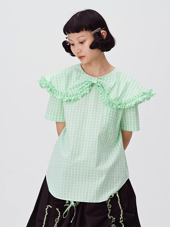 Plaid Doll Collar Short-Sleeved Shirt