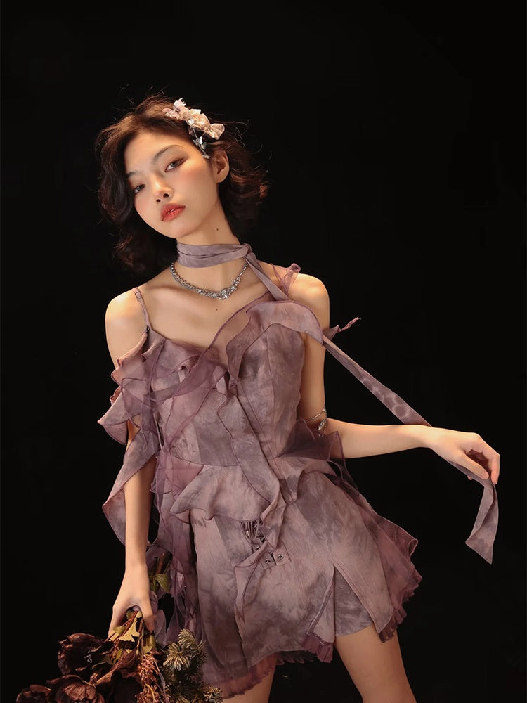 Tie-dye Ruffle Lace-up Camisole&Cardigan&Pants