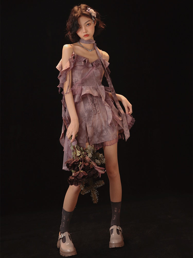 Tie-dye Ruffle Lace-up Camisole&Cardigan&Pants