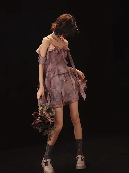 Tie-dye Ruffle Lace-up Camisole&Cardigan&Pants