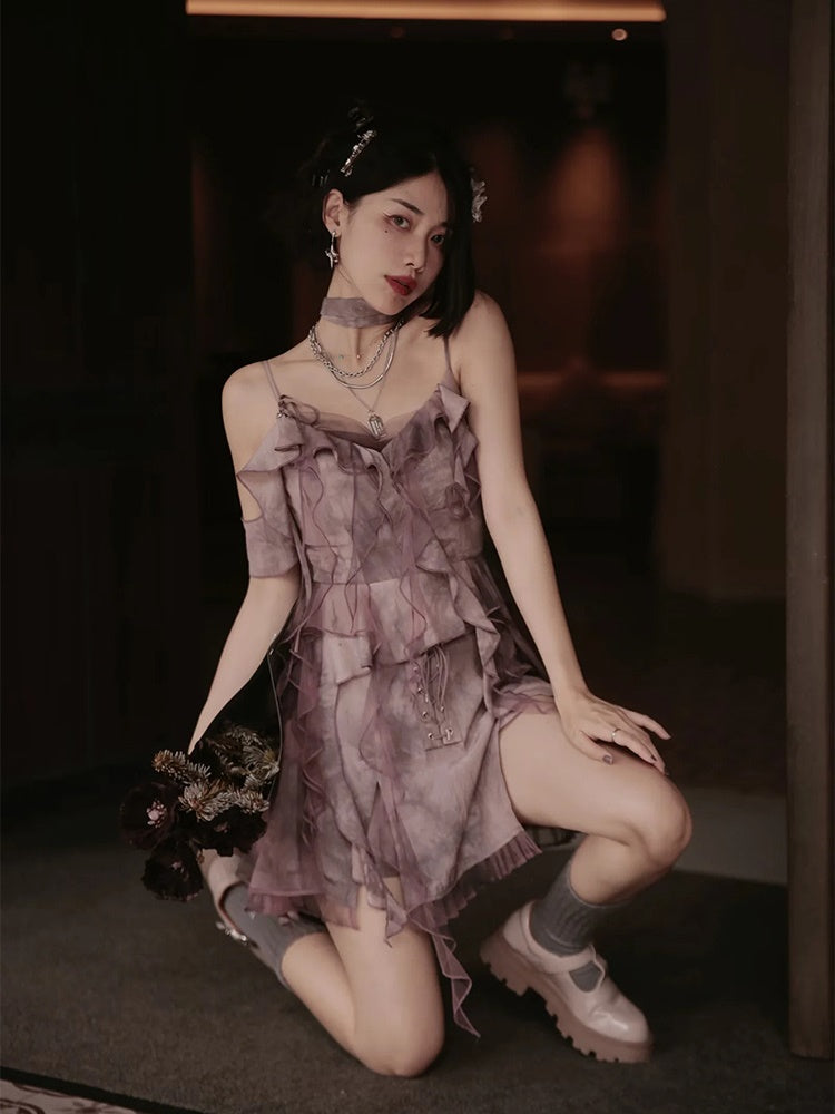 Tie-dye Ruffle Lace-up Camisole&Cardigan&Pants