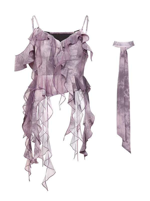 Tie-dye Ruffle Lace-up Camisole&Cardigan&Pants