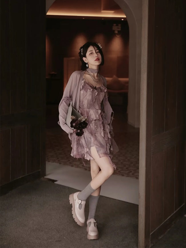 Tie-dye Ruffle Lace-up Camisole&Cardigan&Pants
