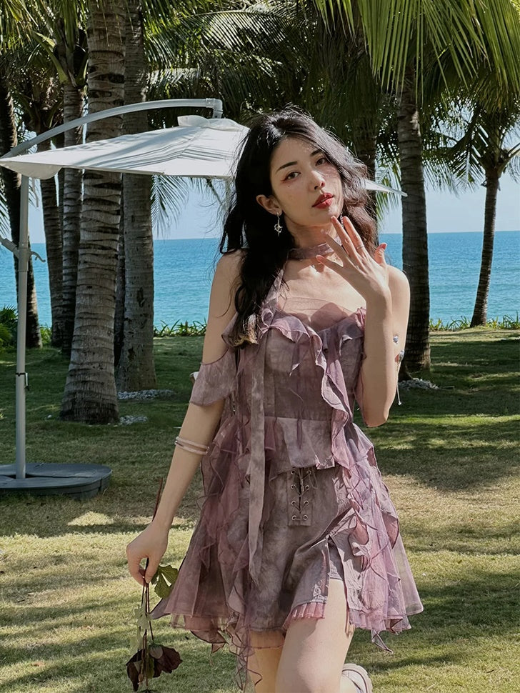 Tie-dye Ruffle Lace-up Camisole&Cardigan&Pants