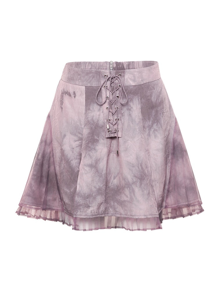 Tie-dye Ruffle Lace-up Camisole&Cardigan&Pants