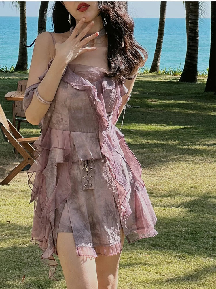 Tie-dye Ruffle Lace-up Camisole&Cardigan&Pants
