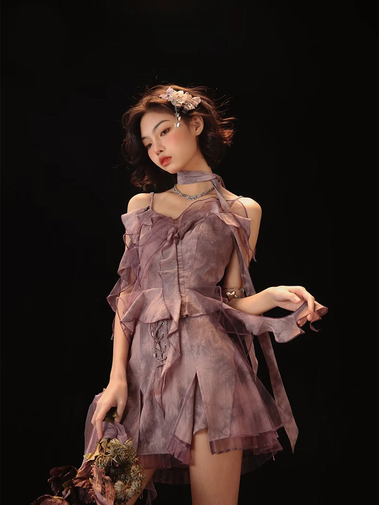 Tie-dye Ruffle Lace-up Camisole&Cardigan&Pants