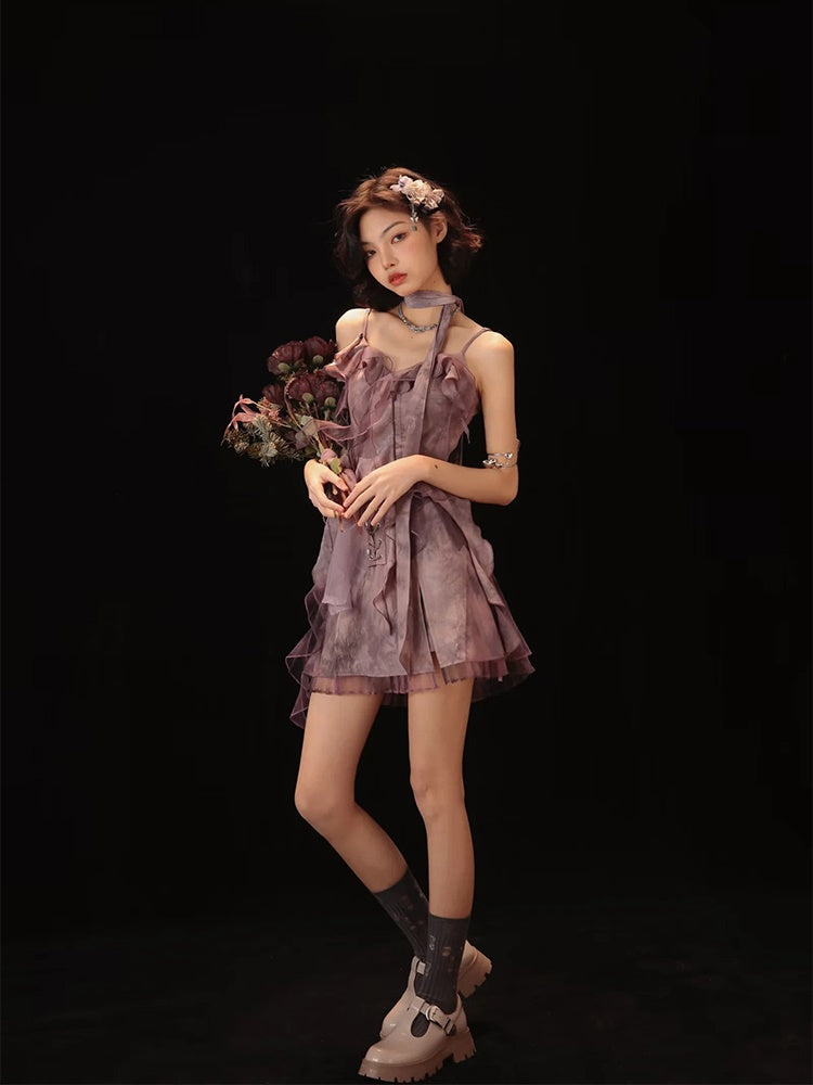Tie-dye Ruffle Lace-up Camisole&Cardigan&Pants