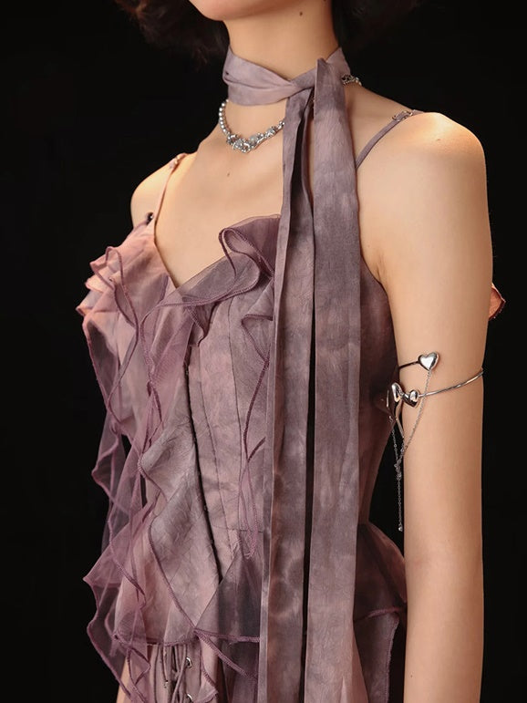 Tie-dye Ruffle Lace-up Camisole&Cardigan&Pants