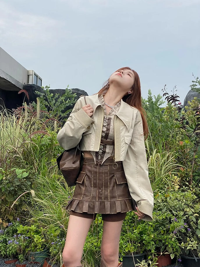 Retro Lace-Up Leather Pleats Blouse&Culottes